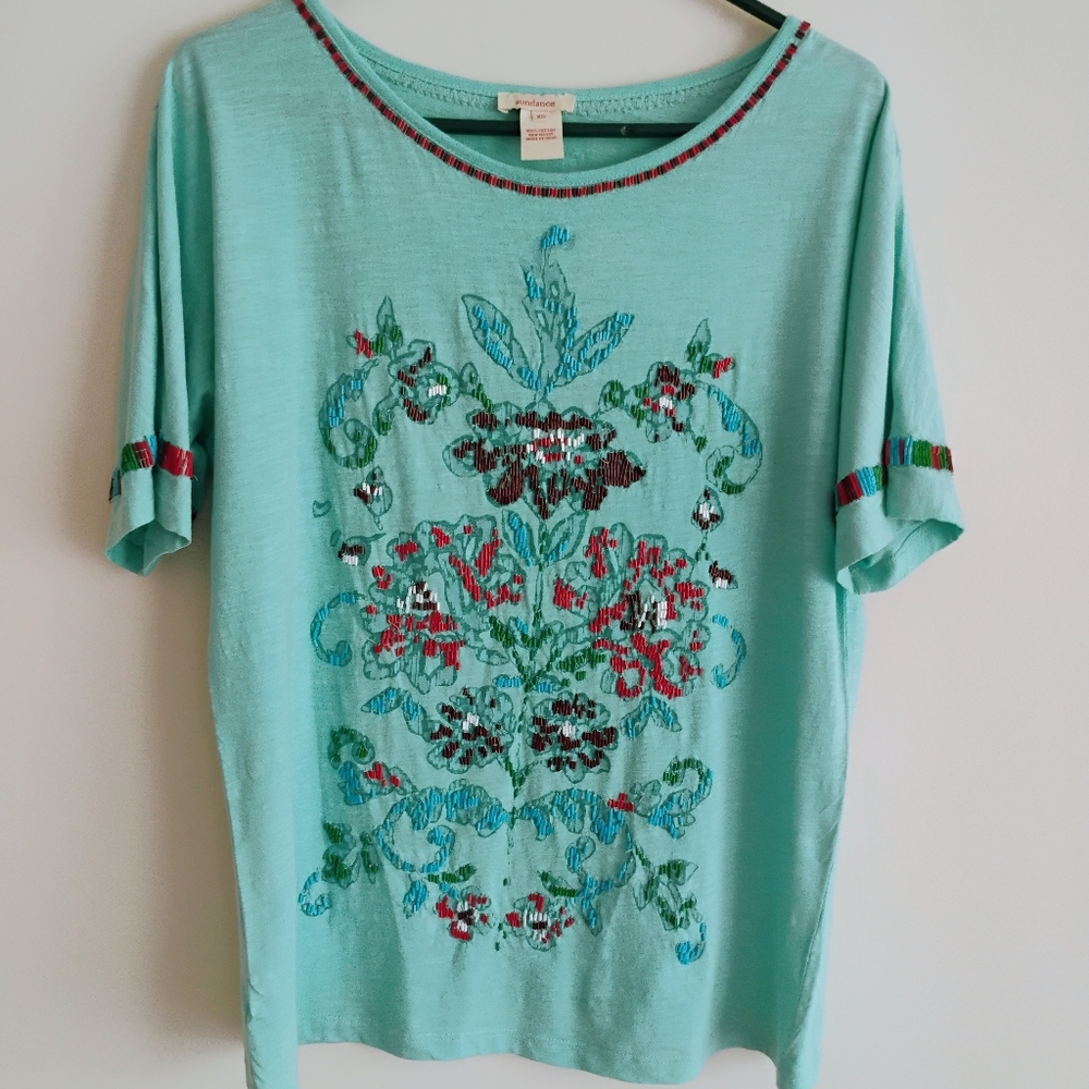 Sundance Blue Green Floral Beaded Embroidered Tee T Shirt SIZE 0-6
